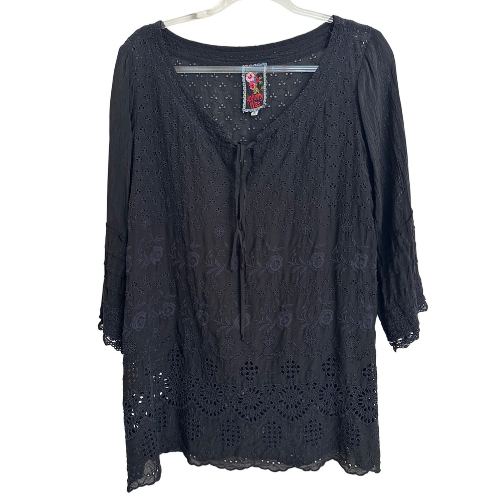 ohnny Was Black Eyelet Lace Embroidered V-Neck Tunic Blouse Long Sleeve Small